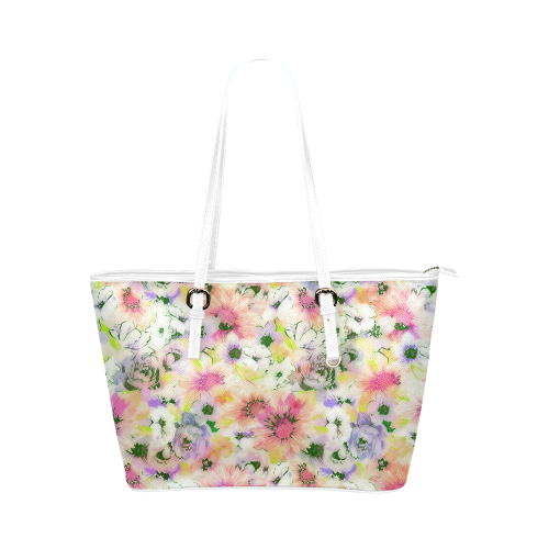 pretty spring floral Leather Tote Bag/Small (Model 1651)