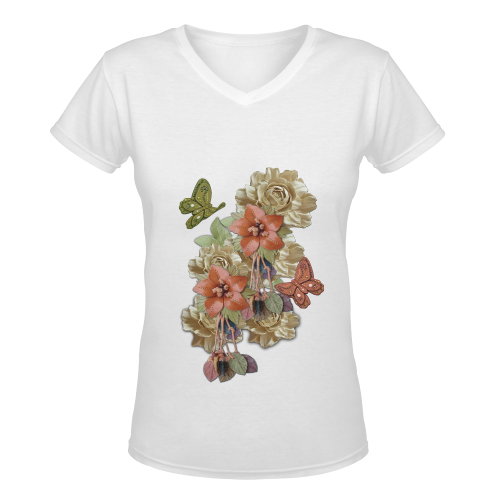 Leather craft flowers Women's Deep V-neck T-shirt (Model T19)