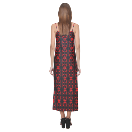 Abstract Flowing * Red on Black V-Neck Open Fork Long Dress(Model D18)