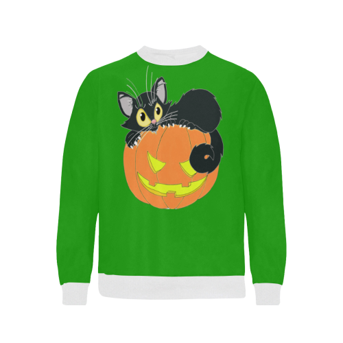 Halloween Black Cat And Pumpkin Green Men's Rib Cuff Crew Neck Sweatshirt (Model H34)
