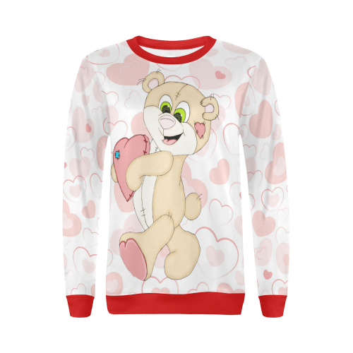 Pink Hearts Teddy Red All Over Print Crewneck Sweatshirt for Women (Model H18)