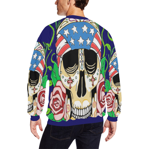 Biker Sugar Skull Dark Blue All Over Print Crewneck Sweatshirt for Men (Model H18)