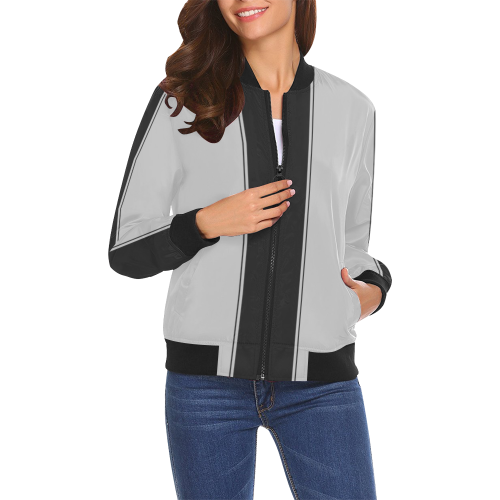 Silver and Black Racing Stripe Center All Over Print Bomber Jacket for Women (Model H19)