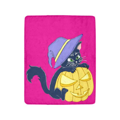 Cute Halloween Black Cat Witches Hat Pink Ultra-Soft Micro Fleece Blanket 40"x50"