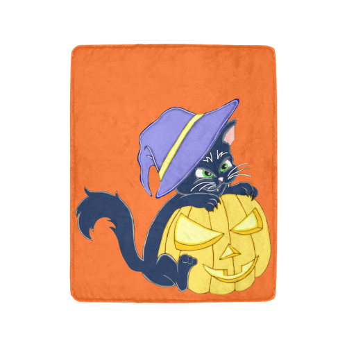 Cute Halloween Black Cat Witches Hat Orange Ultra-Soft Micro Fleece Blanket 40"x50"
