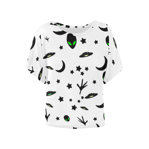 Alien Flying Saucers Stars Pattern on White Women's Batwing-Sleeved Blouse T shirt (Model T44)