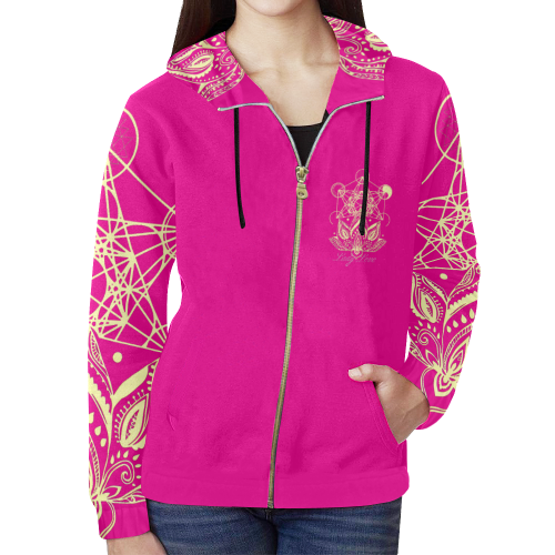 Lady Love Lotus Polo Pinky All Over Print Full Zip Hoodie for Women (Model H14)