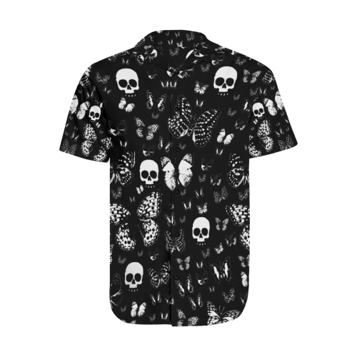Skulls & Butterflies B & W Men's Short Sleeve Shirt with Lapel Collar (Model T54)