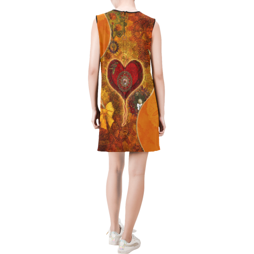 Steampunk decorative heart Sleeveless Round Neck Shift Dress (Model D51)