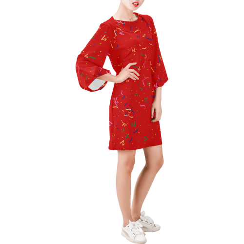 Confetti and  Party Streamers Red Bell Sleeve Dress (Model D52)