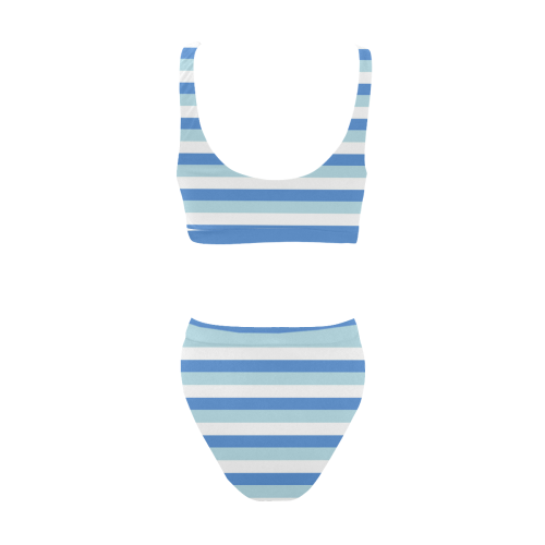 Blue Stripes Sport Top & High-Waisted Bikini Swimsuit (Model S07)