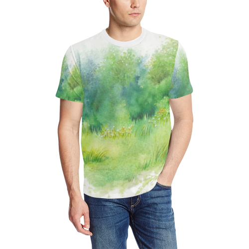 Inviting Greenery Landscape Watercolors Men's All Over Print T-Shirt (Solid Color Neck) (Model T63)