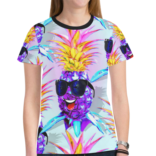 Pineapple Ultraviolet Happy Dude with Sunglasses New All Over Print T-shirt for Women (Model T45)