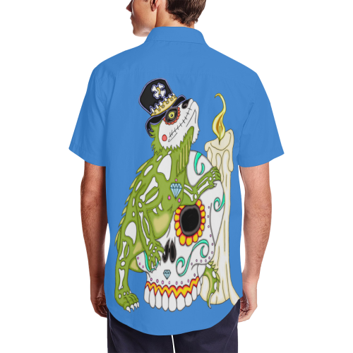 Iguana Sugar Skull Blue Men's Short Sleeve Shirt with Lapel Collar (Model T54)