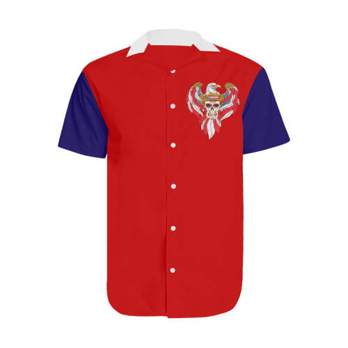 American Eagle Sugar Skull Red 2 Men's Short Sleeve Shirt with Lapel Collar (Model T54)