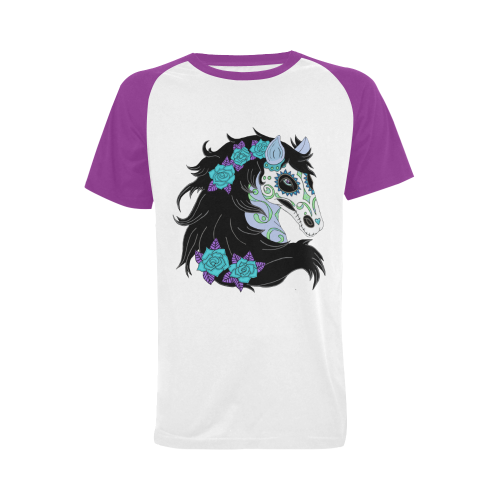 Sugar Skull Horse Turquoise Roses Purple Men's Raglan T-shirt Big Size (USA Size) (Model T11)
