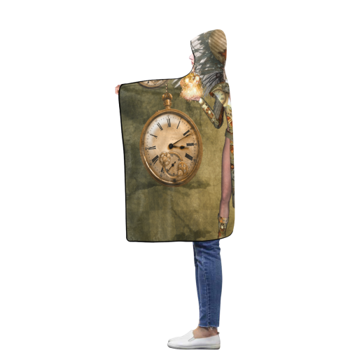 Steampunk lady with clocks and gears Flannel Hooded Blanket 40''x50''