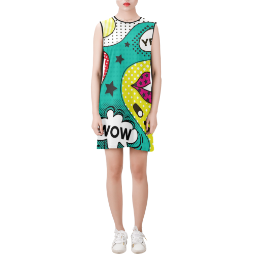 Trendy Pop Art Sleeveless Round Neck Shift Dress (Model D51)