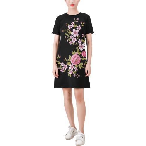 Pure Nature - Summer Of Pink Roses 1 Short-Sleeve Round Neck A-Line Dress (Model D47)