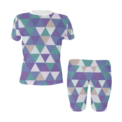 Purple Green Beige Abstract Triangles Women's Short Yoga Set