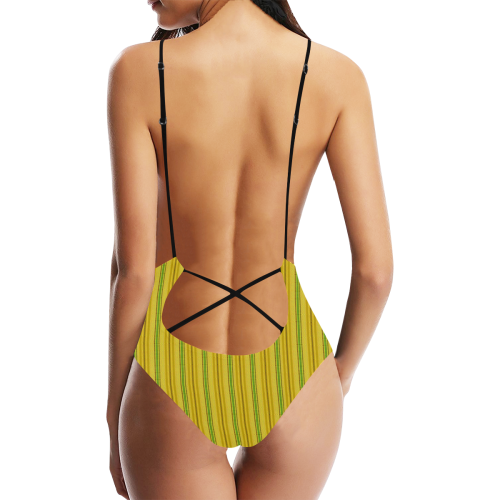 Retro Mod Lime Tan Stripe Sexy Lacing Backless One-Piece Swimsuit (Model S10)