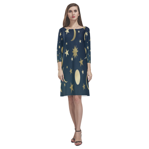 golden stars and moon Rhea Loose Round Neck Dress(Model D22)