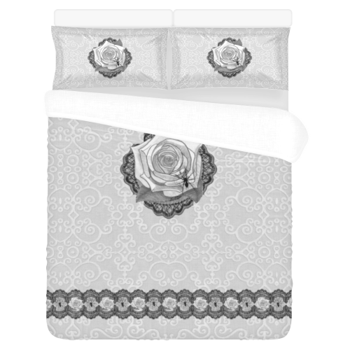 Spider Rose Lace and Damask Goth Print 3-Piece Bedding Set