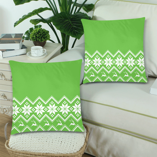 Christmas Reindeer Snowflake Green Custom Zippered Pillow Cases 18"x 18" (Twin Sides) (Set of 2)