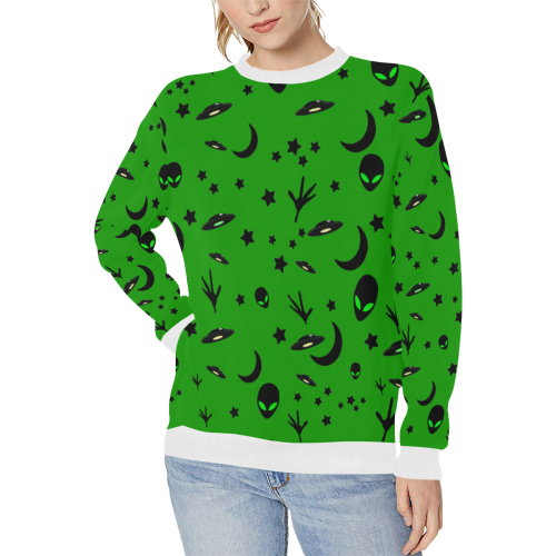 Alien Flying Saucers Stars Pattern on Green Women's Rib Cuff Crew Neck Sweatshirt (Model H34)