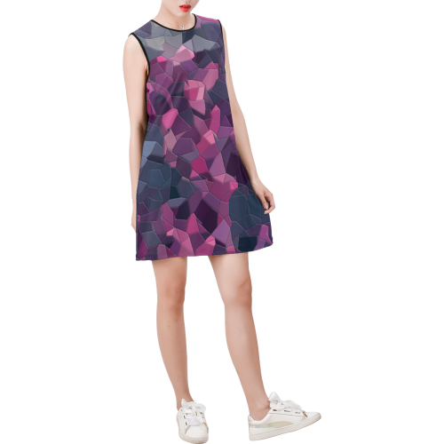 purple pink magenta mosaic #purple Sleeveless Round Neck Shift Dress (Model D51)