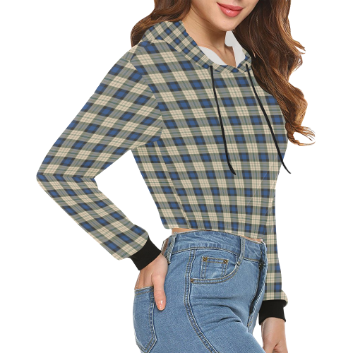 Classic Tartan Squares Fabric - blue beige All Over Print Crop Hoodie for Women (Model H22)