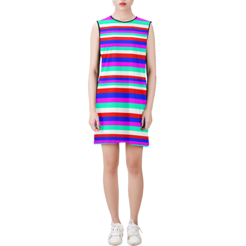 Colored Stripes - Fire Red Royal Blue Pink Mint Wh Sleeveless Round Neck Shift Dress (Model D51)