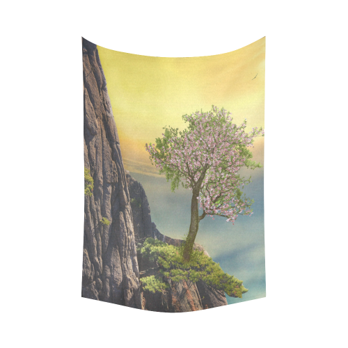 Mountain And A Cherry Tree Cotton Linen Wall Tapestry 60"x 90"