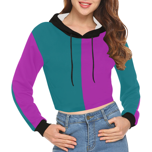 Only two Colors: Petrol Blue - Magenta Pink All Over Print Crop Hoodie for Women (Model H22)