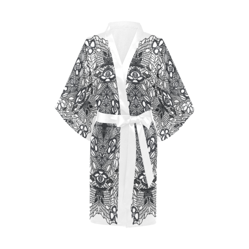 Black Crocheted Lace Mandala Pattern on white Kimono Robe