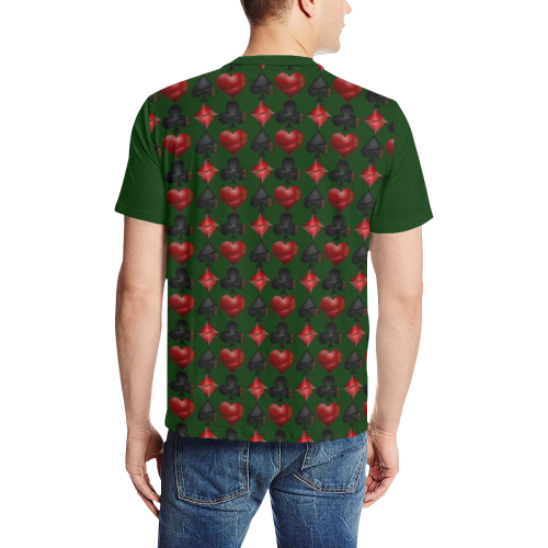 Las Vegas Black and Red Casino Poker Card Shapes on Green Men's All Over Print T-Shirt (Solid Color Neck) (Model T63)
