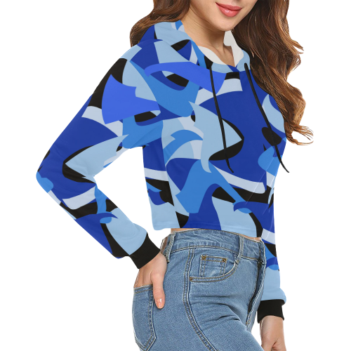 Camouflage Abstract Blue and Black All Over Print Crop Hoodie for Women (Model H22)