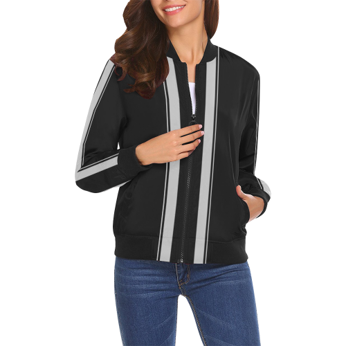 Silver and Black Race Car Stripes Side Center All Over Print Bomber Jacket for Women (Model H19)