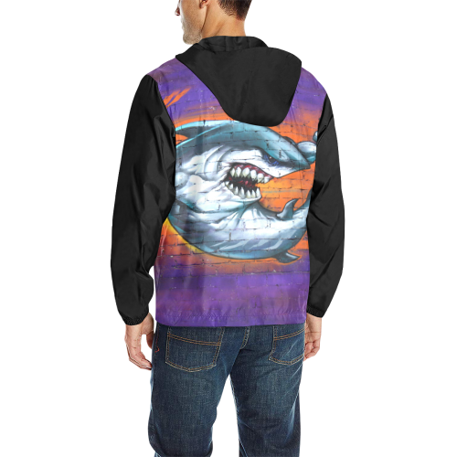 Graffiti Shark (Vest Style) Black All Over Print Quilted Windbreaker for Men (Model H35)