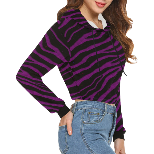Ripped SpaceTime Stripes - Purple All Over Print Crop Hoodie for Women (Model H22)