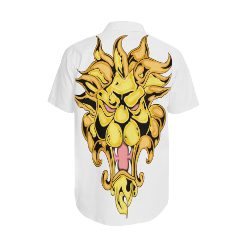 Gold Metallic Lion White Men's Short Sleeve Shirt with Lapel Collar (Model T54)