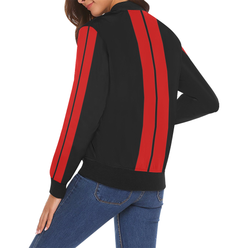 Red Race Car Stripe Center Black All Over Print Bomber Jacket for Women (Model H19)