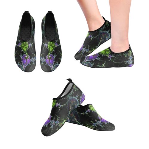 Filigree Spiral Fractal - Psychedelic Black Green Women's Slip-On Water Shoes (Model 056)