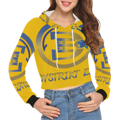 yellow hoodie blue & gold logo all over All Over Print Crop Hoodie for Women (Model H22)
