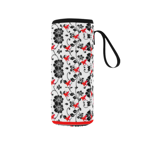 Tiny red and black floral on neoprene water bottle pouch Neoprene Water Bottle Pouch/Medium