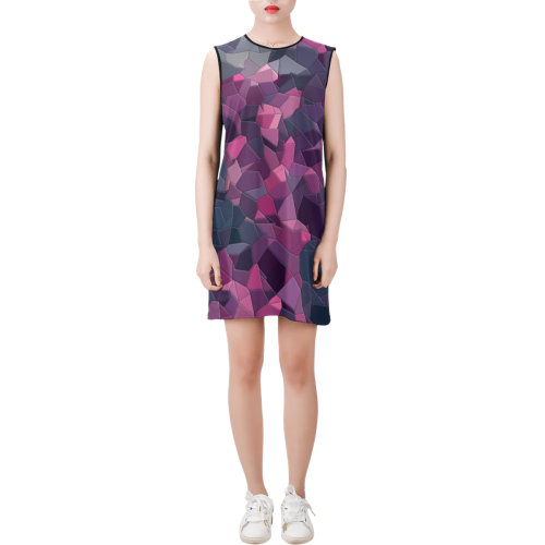 purple pink magenta mosaic #purple Sleeveless Round Neck Shift Dress (Model D51)