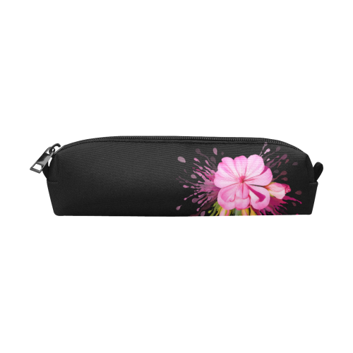 Pink flower color splash, floral watercolor on black Pencil Pouch/Small (Model 1681)