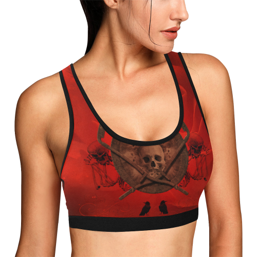 Skulls on red vintage background Women's All Over Print Sports Bra (Model T52)