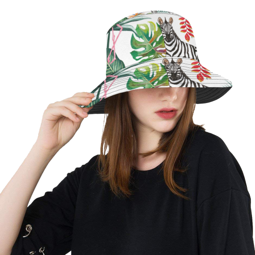 Watercolored Flamingo And Zebra All Over Print Bucket Hat