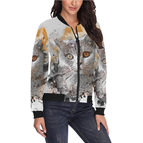 cat kitty art #cat #kitty All Over Print Bomber Jacket for Women (Model H36)